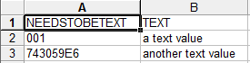 screenshot of spreadsheet showing text correctly interpreted